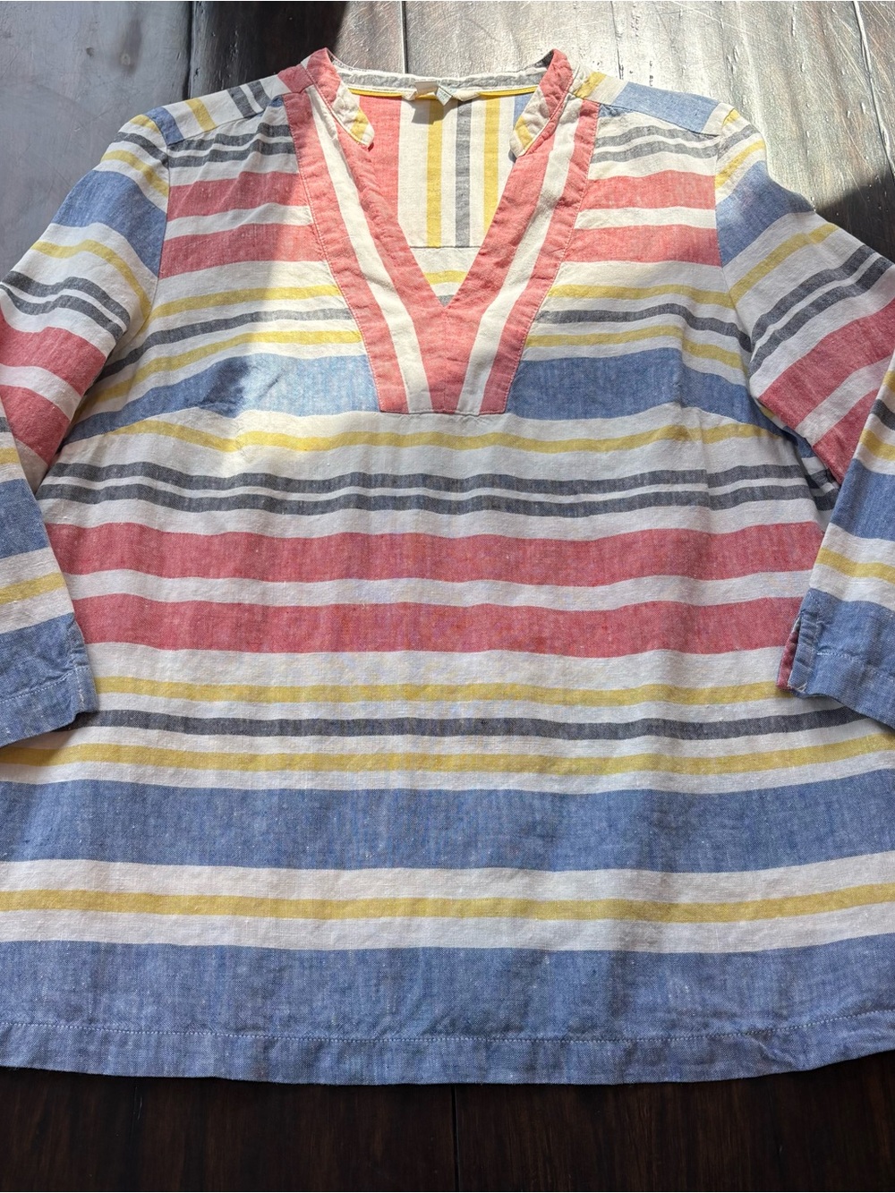 Boden Striped V-Neck Tunic in Red, Blue, Yellow & Gray